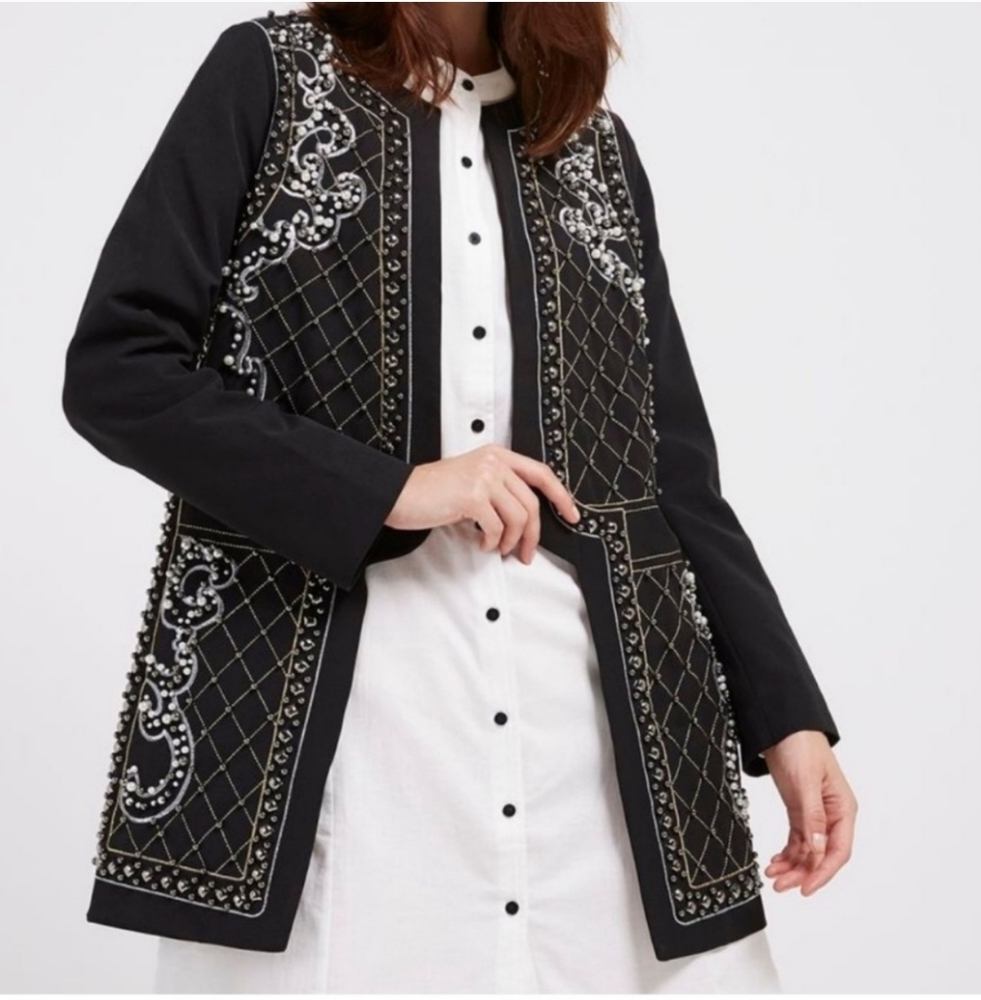 Andrew Yu New York Black Pearl Embroidered Bead Long Blazer Jacket Womens Size S